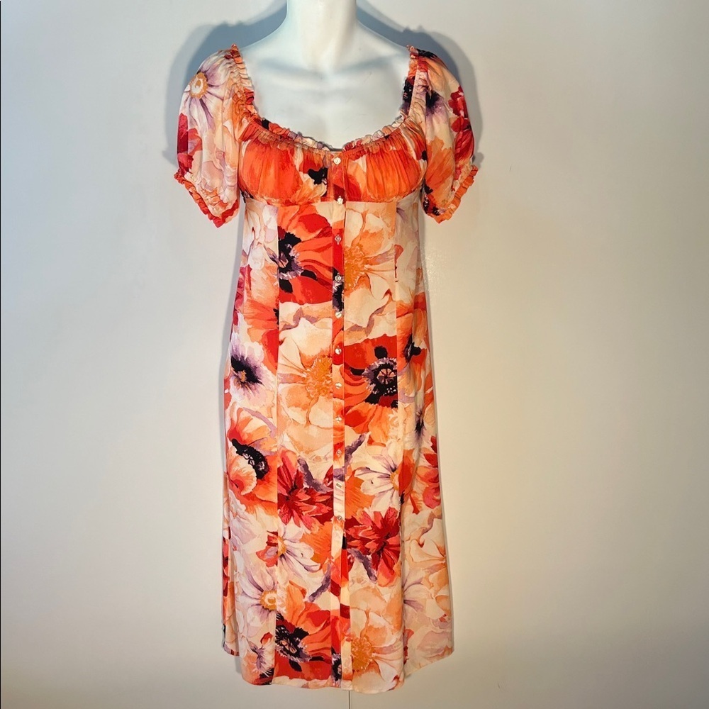 H&M SZ M Abstract Coral Floral Midi Dress Milkmaid Romantic Cottage Art to Wear